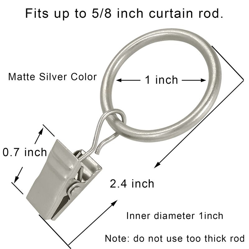 AMZSEVEN 44 Pack Metal Curtain Rings with Clips, Drapery Clips with Rings, Drapes Rings 1 inch Inner Diameter, Fits Diameter 5/8 inch Curtain Rods, Matte Silver