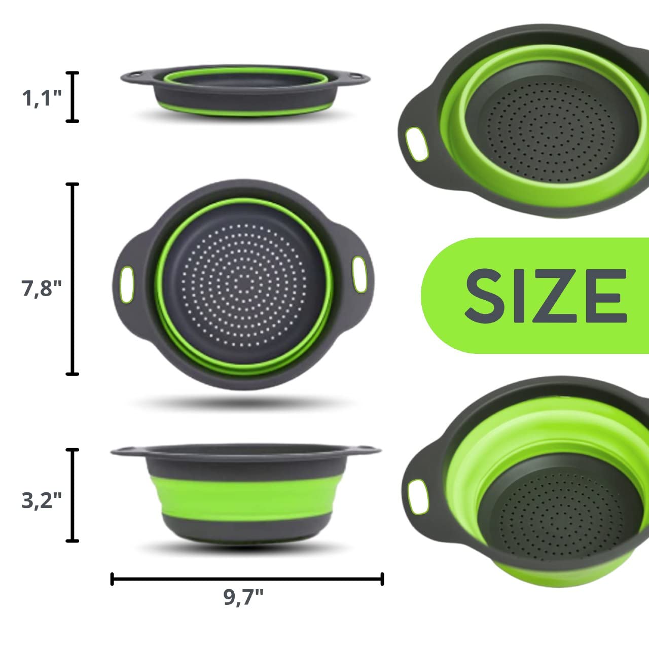 Small Collapsible Colander with Plastic Handles Round Silicone Kitchen Strainers Foldable Kitchen Strainer Perfect for Draining Pasta Vegetable and Fruit Green