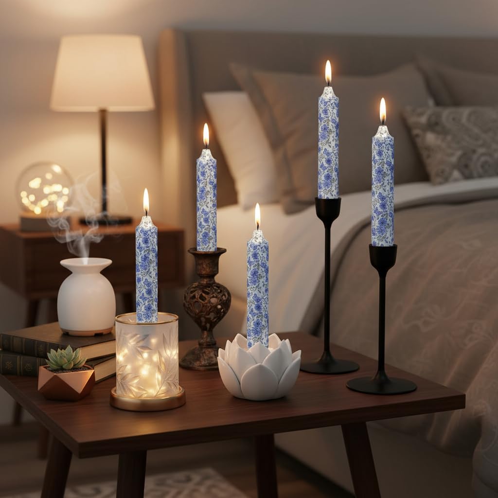 Short Blue and White Taper Candles 7 Inch Handmade Floral Candle Sticks Smokeless Unscented Clean Burning Candles for Meditation Sailing Housewarming Gift Wedding Birthday Home Dinner