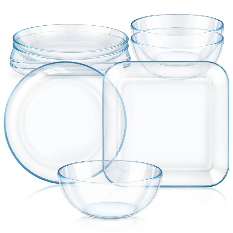6 Pcs Clear Glass Dinnerware Set Glass Plates and Bowls with Blue Tint Round Square Tempered Plates 10'' and Kitchen Serving Bowl 8'' for Dessert, Salad, Fruit, Dishwasher and Microwave Safe