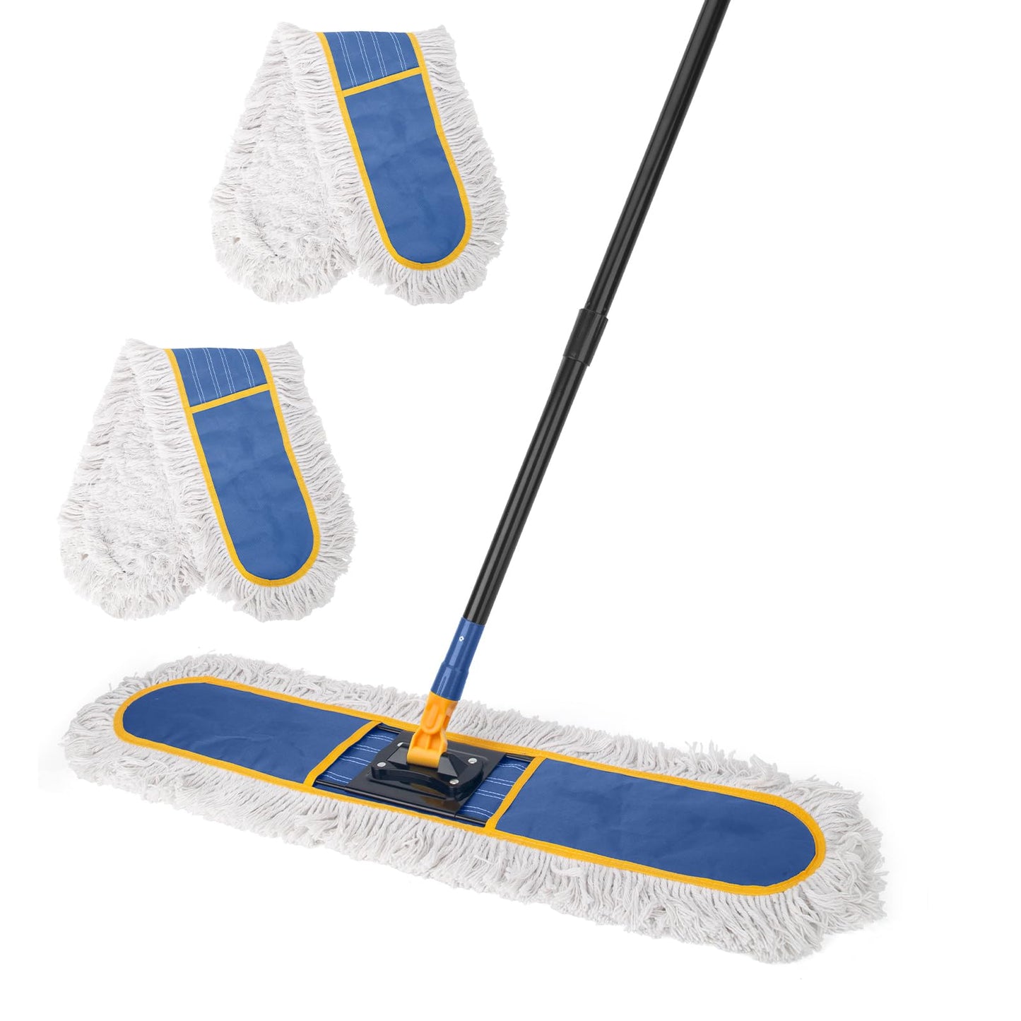 24" Commercial Dust Mop for Floor Cleaning,Heavy Duty Floor Duster with 2 Cotton Reusable Mop Pads,59” Long Handle Wet Dry Flat Mops for Hardwood Floors,Marble, Laminate,Tile,Concrete,Garage (Blue)