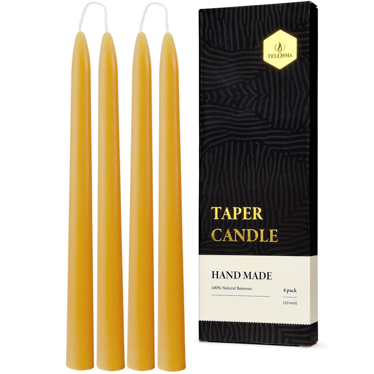 10 inch Natural Beeswax Taper Candles 4 Pack - Dripless Candle 100% Pure Unscented Beeswax, 8 Hours Long Burning Time -Yellow