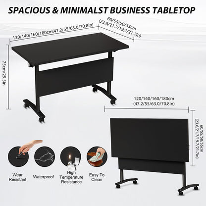 Conference Room Table with Wheels 6ft Folding Modular Large Black Conference Table Foldable Modern Rectangle Training Meeting Tables for Classroom Office(6, Black, D 55")