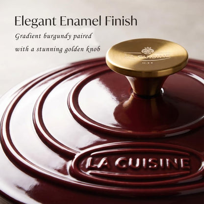 La Cuisine Enameled Cast Iron Oval Dutch Oven Casserole Dish Pot with Lid 5 QT Internal Matt Black Enamel Coating, Cranberry, Gold-Plated Stainless Steel Lid Handle, Oven Safe