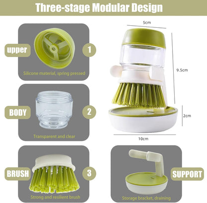 Good Grips Soap Dispensing Palm Brush, Dish Scrub Brush, Kitchen Brushes for Dishes, Kitchen Brush with Holder for Pot Pan Sink Cleaning (Green)