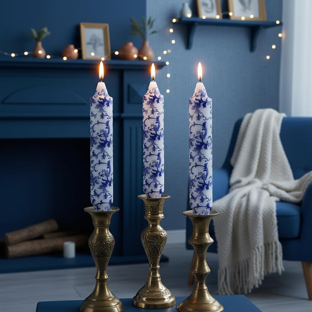 7 Inch Blue and White Short Taper Candles Hand Poured Unscented Smokeless Clean Burning Chinoiserie Taper Candles for Wedding Dinner Home Meditation Morning Coffee Ritual Breakfast Table Everyday