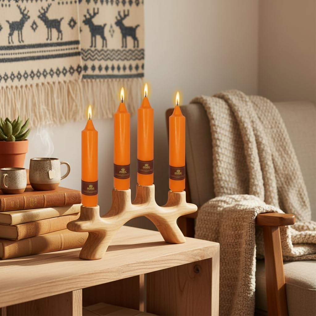 Short Orange Chunky Taper Candles 7 Inch Set of 4 Candlesticks Fat Candles Handmade Clean Burning Unscented Candles for Dinner Country Farmhouse Bedroom Meditation Wedding Home Decor Sanctuary