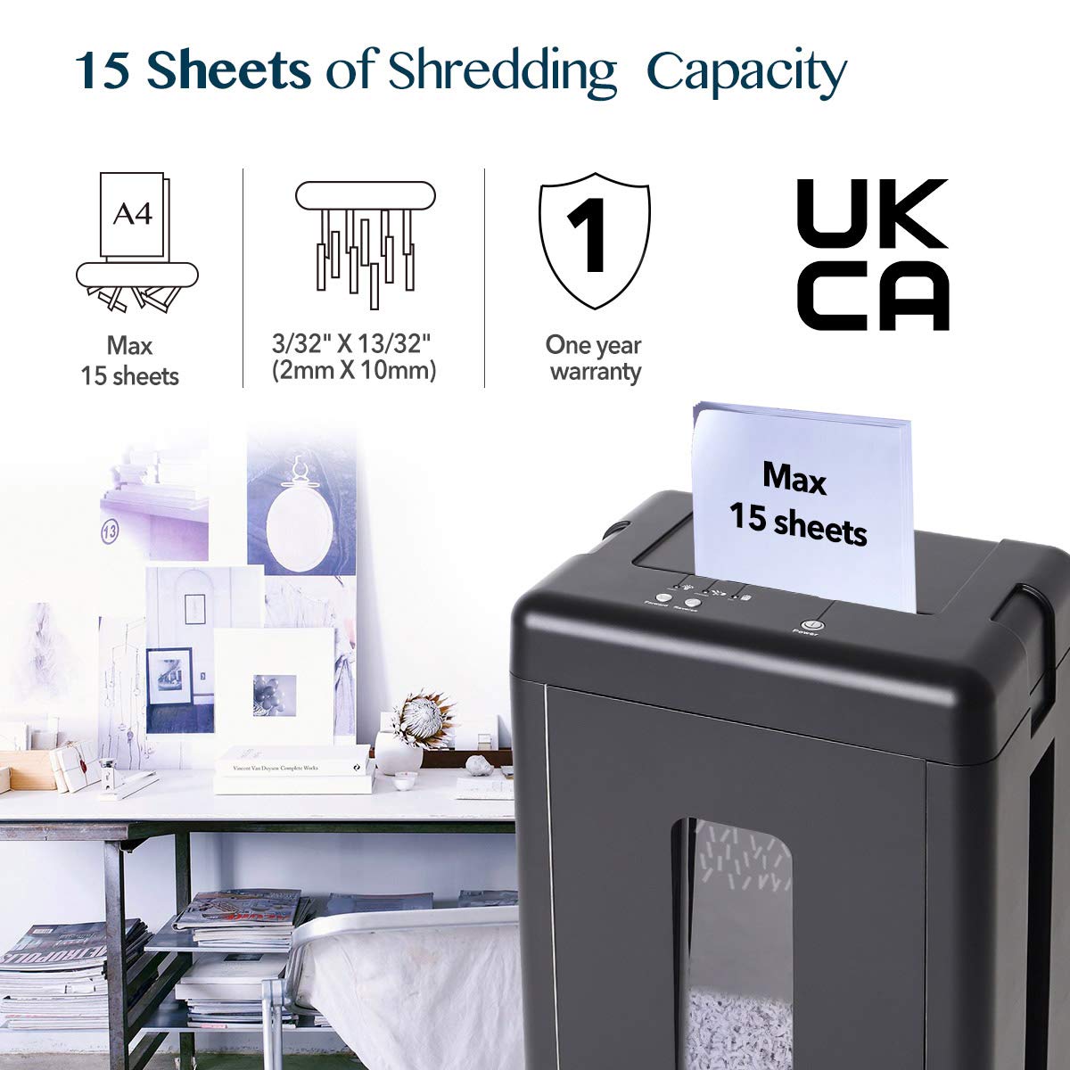 WOLVERINE 15-Sheet Super Micro Cut High Security Level P-5 Heavy Duty Paper/CD/Card Shredder for Home Office, Ultra Quiet by Manganese-Steel Cutter and 8 Gallons Pullout Waste Bin SD9520 (Black ETL)