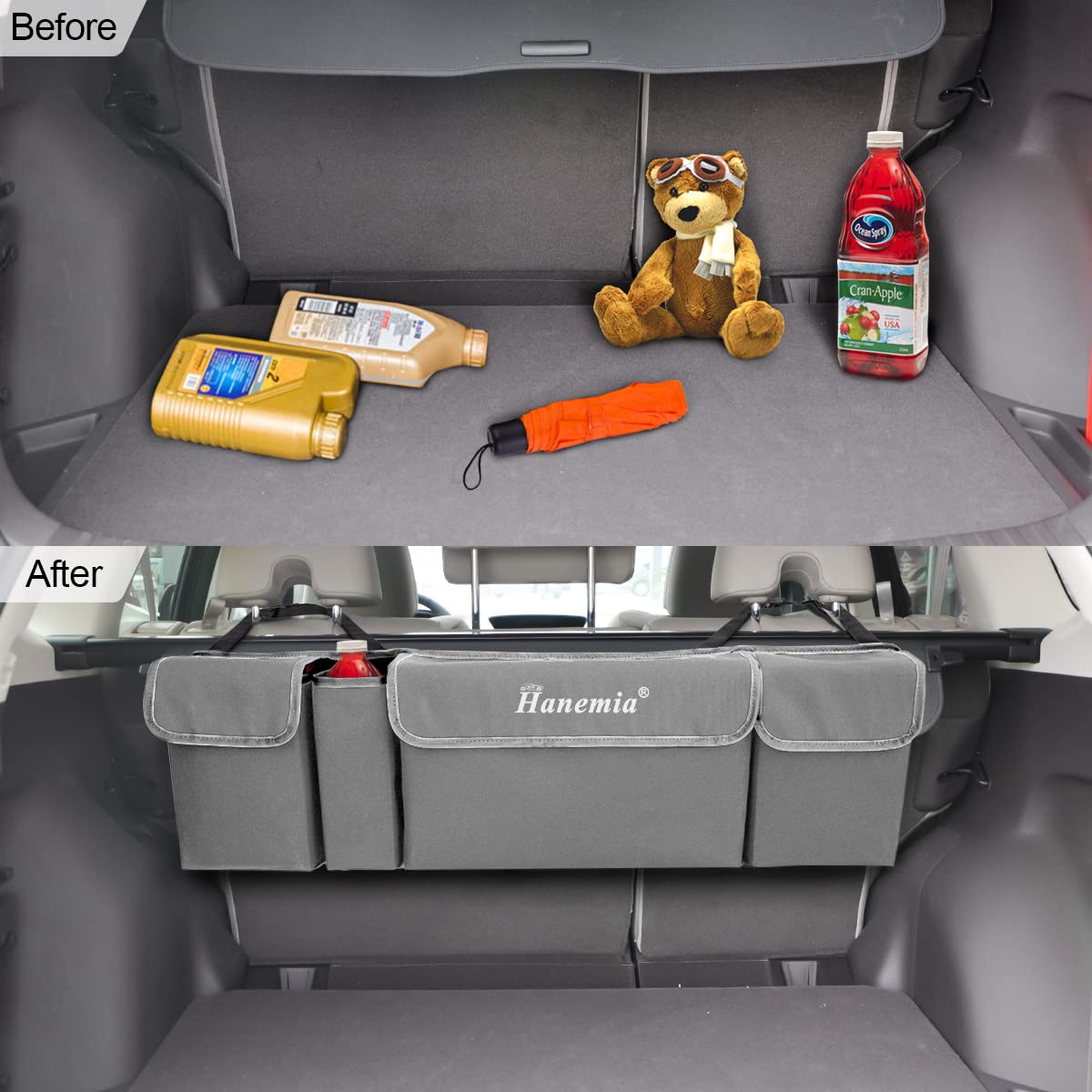 Car Trunk Organizer and Storage, Backseat Hanging Organizer for SUV, Truck, MPV, Waterproof, Collapsible Cargo Storage Bag with 4 Pockets, Car Interior Accessories (Gray)