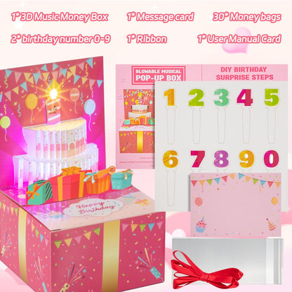 Surprise Musical Pop Up Birthday Card, Money Roll Pull Box, Cash Gift Box for Women, Girls