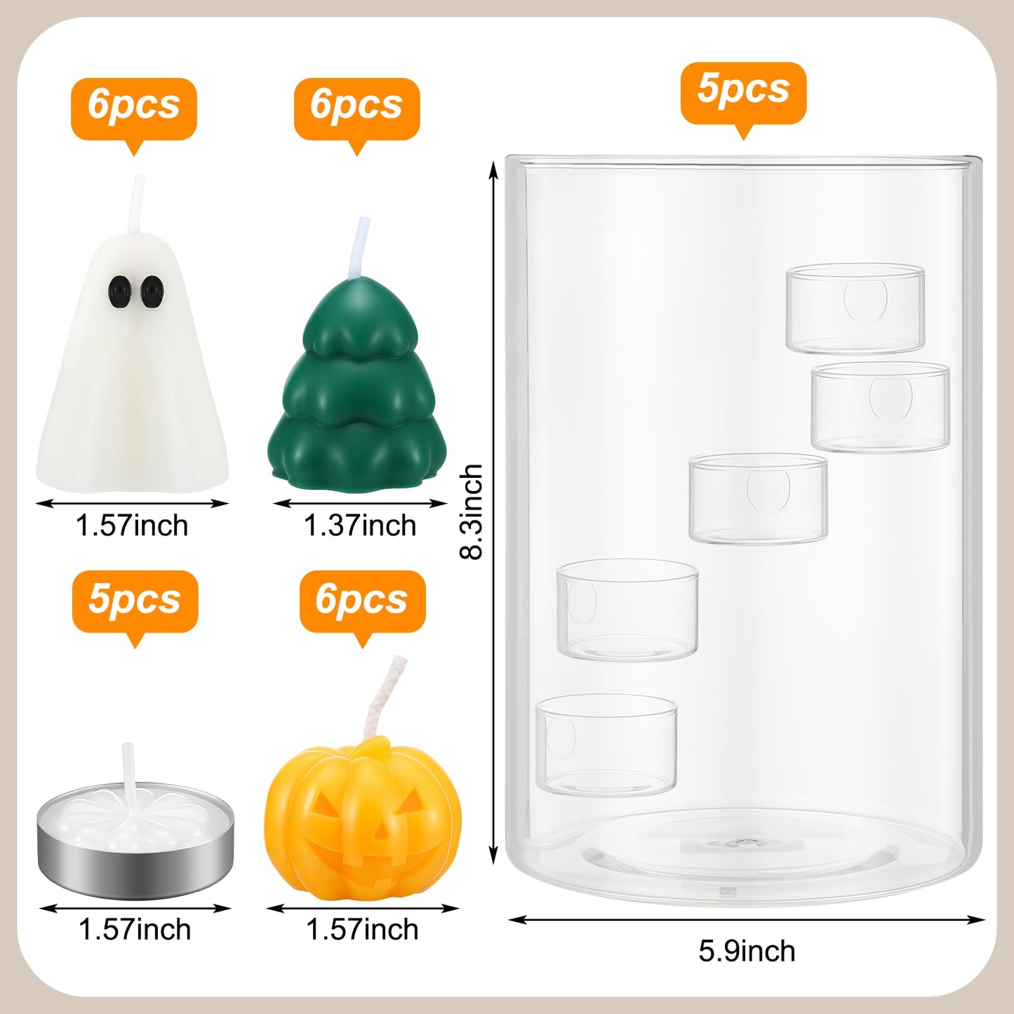 Reallnaive Halloween Glass Hurricane Candle Holder with Candles and Tea Light Clear Cylinder Pillar Candle Holder for Halloween Table Centerpiece Decorations(23 Candles,Three Style)