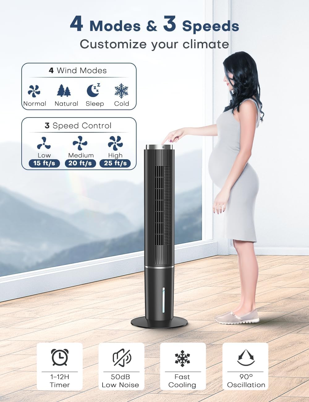COOLECH 42 INCH Windowless Portable Air Conditioners w/4 Modes & 3 Speeds, 1-Gal Tank for 15H Cooling, 12H Timer, Swamp Cooler Air Conditioner No Window Needed, 90° Oscillating AC Unit for Bedroom