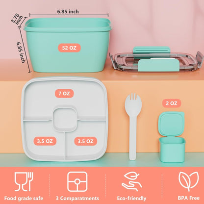Cherrysea Salad Lunch Container, 68oz Salad Bowls with 4 Compartments Tray,Leak Proof Lunch Box with Fork for Men,Women BPA-Free Snack Container with Sauce Container for Dressings-Blue