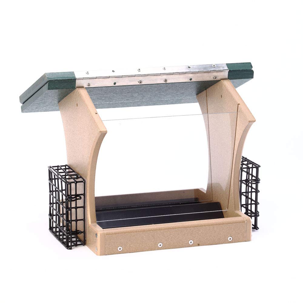 Birds Choice SN300-S Two-Sided Hopper Feeder, Recycled Bird Feeder w/ Two Suet Cages, Large, Taupe/Green
