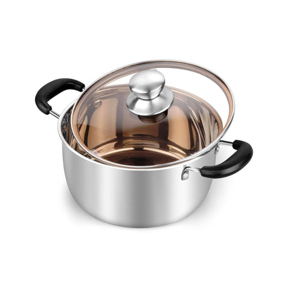 TeamFar 3 Quart Stock Pot, Stainless Steel Stock Pasta Soup Pot with Lid, Tempered Glass Lid & Double Heat-Proof Handles, Non-Toxic & Healthy, Heavy Duty & Dishwasher Safe