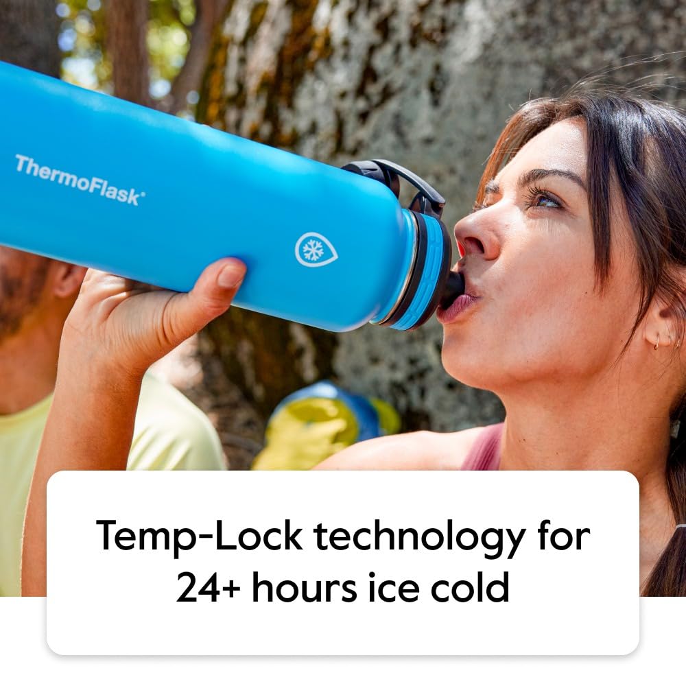 ThermoFlask Bottle with Spout Lid - Stainless Steel Water Bottles with Double-Wall Insulation & BPA-Free Spout Lids - Leak-Proof Reusable Bottles & Lids - 24 oz, Mayan Blue/Black (2 Pack)