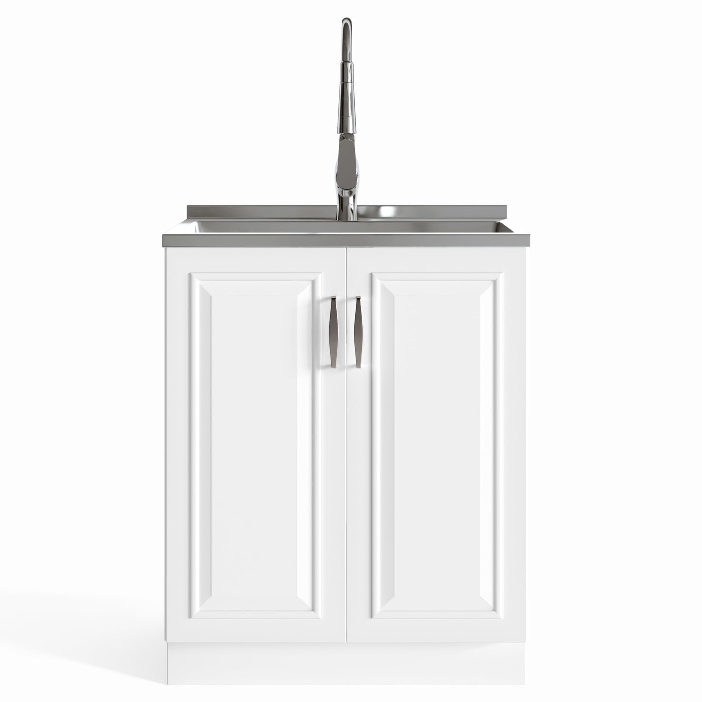 SIMPLIHOME Darwin All-in-One 28 inch Wide Utility Sink and Laundry Cabinet in Pure White Finish, Transitional Stainless Steel Sink Cabinet for Laundry Rooms with High-Arch Pull-Out Faucet and Storage