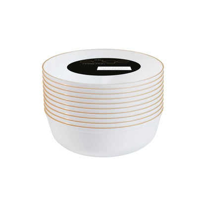 PLASTICPRO [30 Pack 6 OZ Bowls Edge Collection White with Gold Rim Plastic Party Dessert Bowls Premium heavyweight Elegant Disposable Tableware Dishes