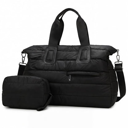 Puffer Weekender Bag for Women, Quilted Duffle Bag with Pouch, Water-Resistant Gym Bag, Large Tote Travel Bag for Hospital Nurse Diaper Bag, Lightweight Carry on Bag, Black