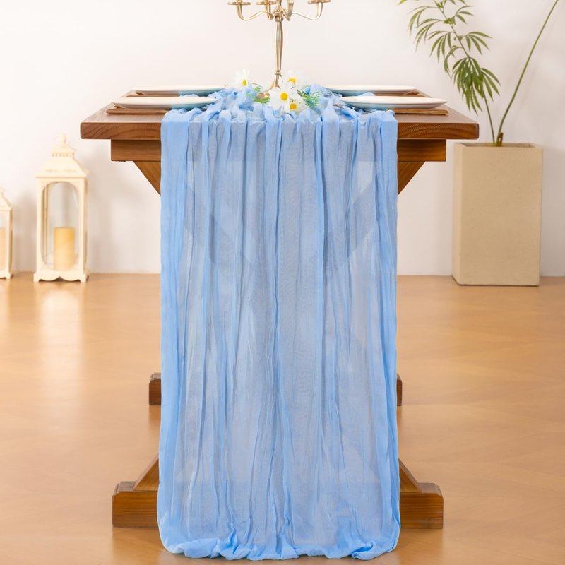 Socomi 3pcs Light Blue Cheesecloth Table Runner Summer Boho Rustic Gauze 120 inch 10FT Cheese Cloth Sheer Runner for Wedding Party Baby Shower Birthday Home Decor Holiday Decorations