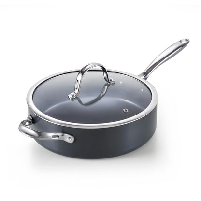 Cooks Standard 4-QT Nonstick Deep Sauté Pan with Lid, 10.5-inch Deep Frying Pan Hard Anodized Ceramic Nonstick Induction Cookware, Oven Safe Large Skillet Jumbo Cooker Sartén, Helper Handle, Black