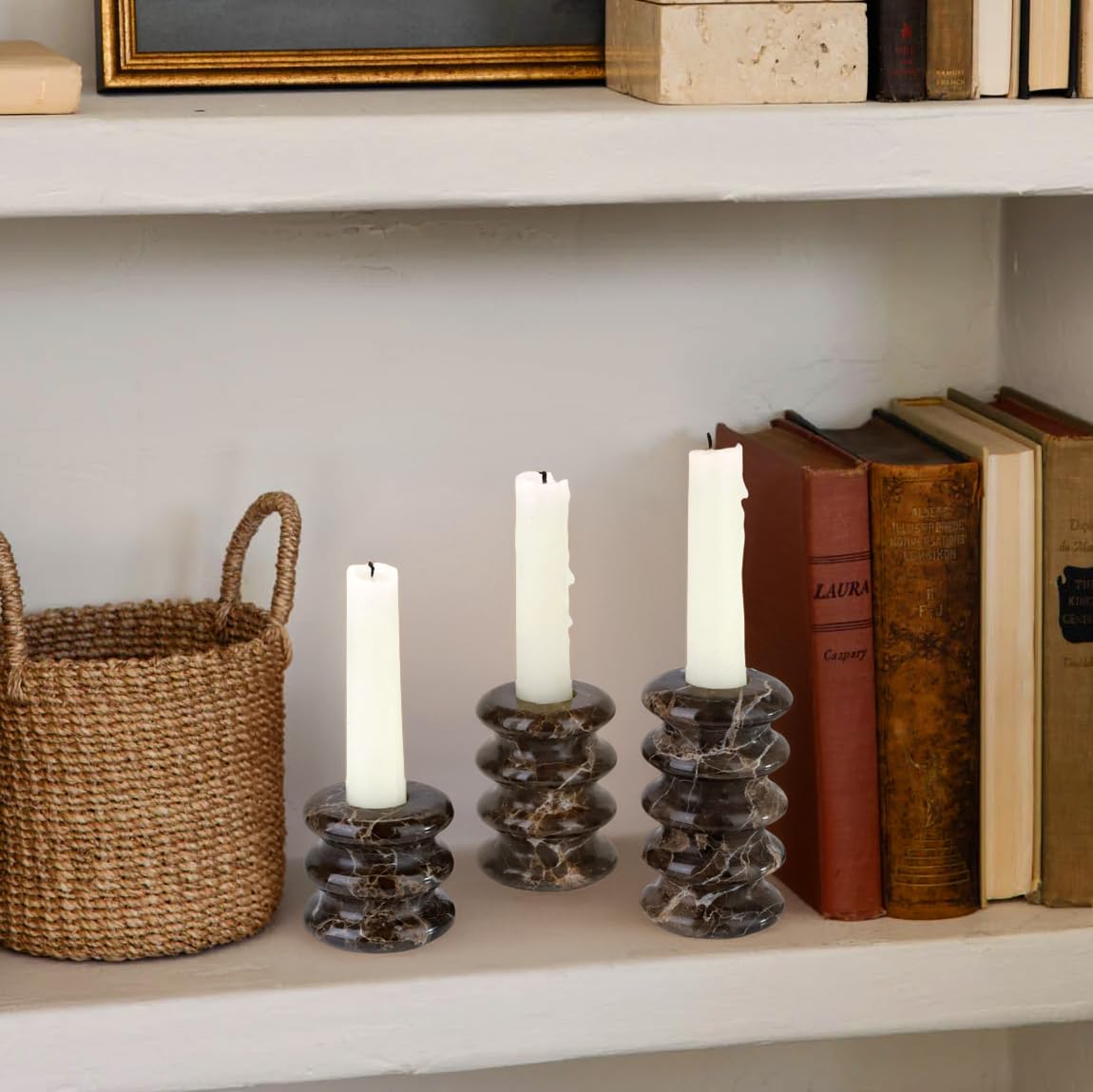 Vixdonos Marble Candle Holder Set of 3 Taper Candle Candlestick Mantle Candle Stand for Home Decor,Wedding,Party and Table Centerpieces(Brown)