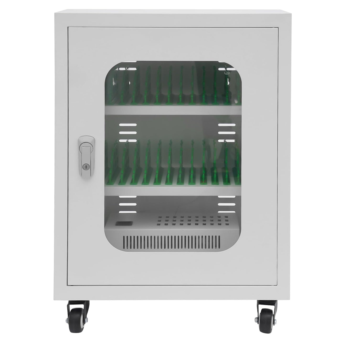 30 Device Charging Station, Mobile Charging Cart for Phones with Tempered Glass Door Rolling Phone Charging Cabinet with Cable Management Slot for Classroom Office (White)