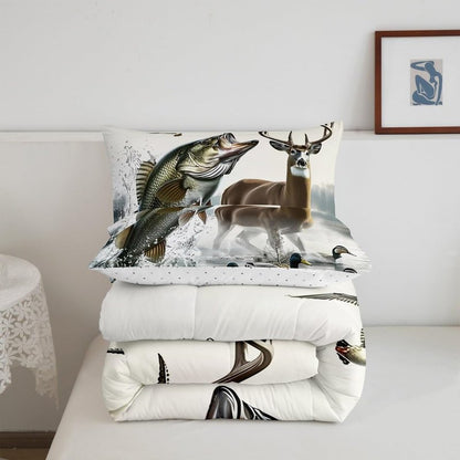 Feelyou Boys Girls Deer Pike Fish Duvet Insert Twin Size, Bass Big Fish Comforter Set Fishing and Hunting Bedding Set Kids Teens Bedroom Decor Bed Set 2Pcs