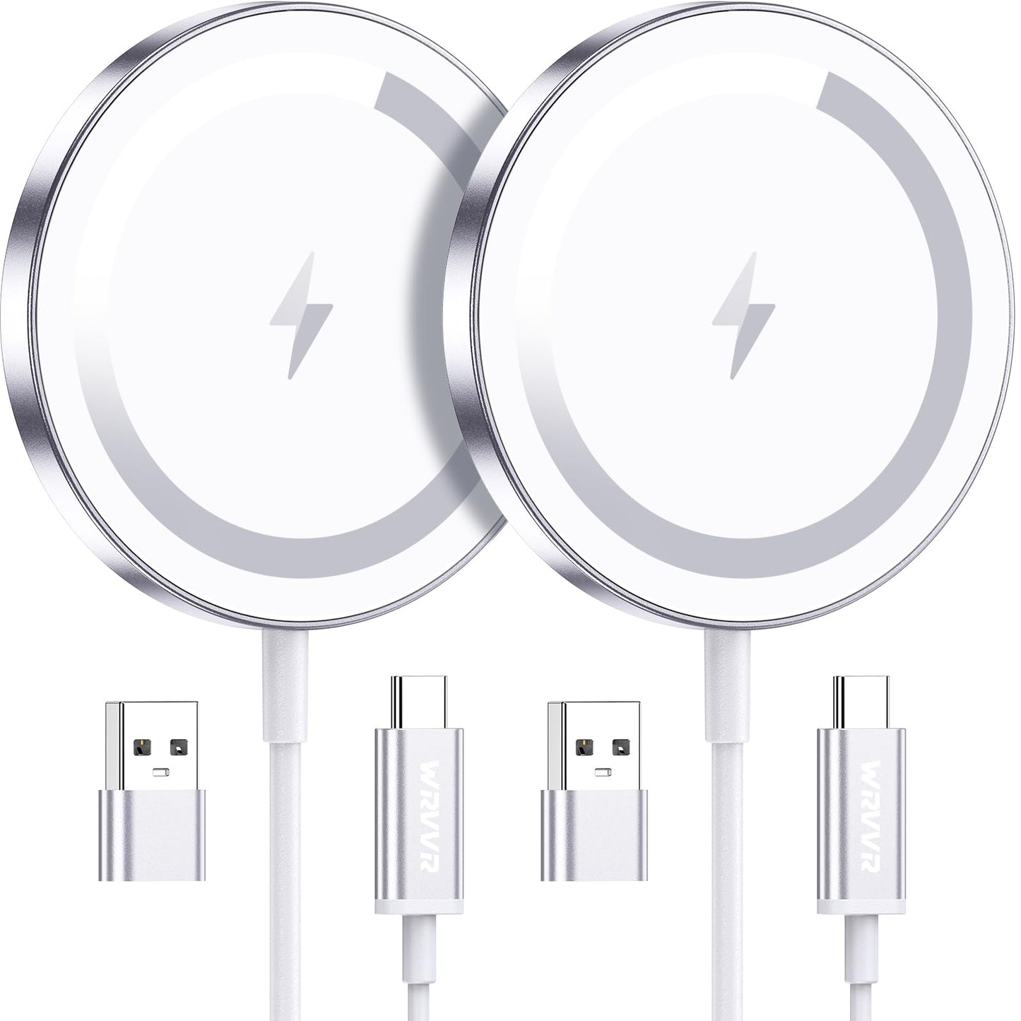 WRVVR for Apple Mag-Safe Charger 2 Pack, Magnetic Wireless Charger for iPhone 16 15 14 13 12 Pro Max Plus mini, 15W Fast Charging Pad, for Airpods 4/3/2/Pro, Strong Magnet, Silver