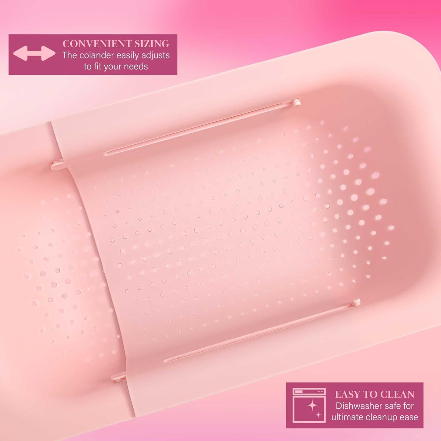 Paris Hilton Over the Sink Expandable Colander, Extendable Strainer, Adjustable from 14.5 inches to 19.5 inches, Fits most kitchen sinks, Made without BPA, Pink