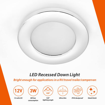 Dream lighting 12V RV Interior LED Puck Lights Recessed Kitchen Ceiling Cabinet Cool White Lighting 2.8inch, Chrome Shell, Pack of 10
