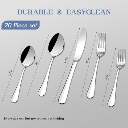 20 Piece Silverware Set,Stainless Steel Flatware Set for 4,Mirror Polished Modern Cutlery include Fork Knife Spoon Set,Dishwasher Safe for Home, Restaurant, Wedding, Party Cutlery