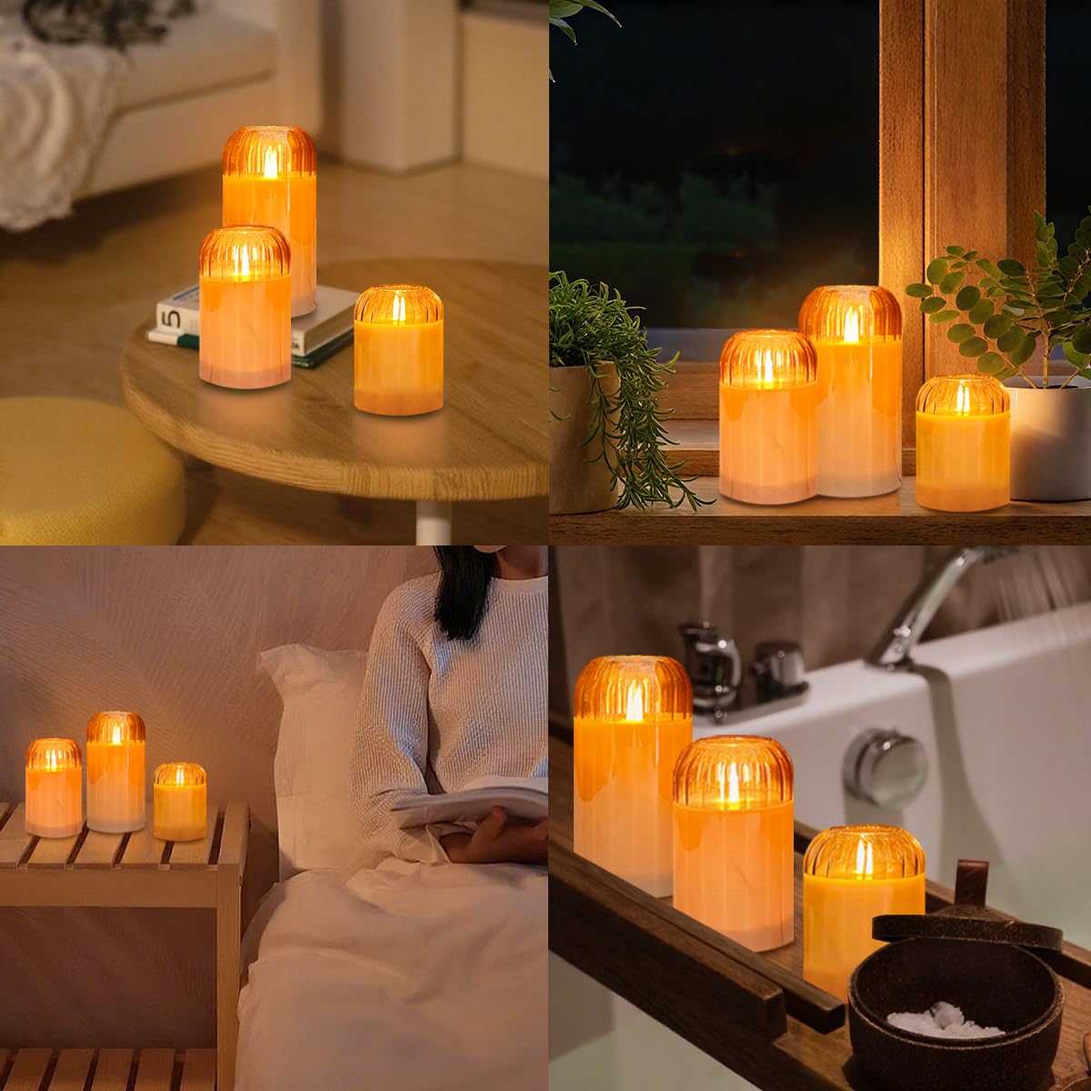 NICE POINT 3Pcs LED Candle Set Rechargeable with Remote Control,Gold Glass Flameless Candles,Candle Lights for Home Decor, Bedroom, Bathroom Accessories，Pumpkin Fake Candles for Halloween