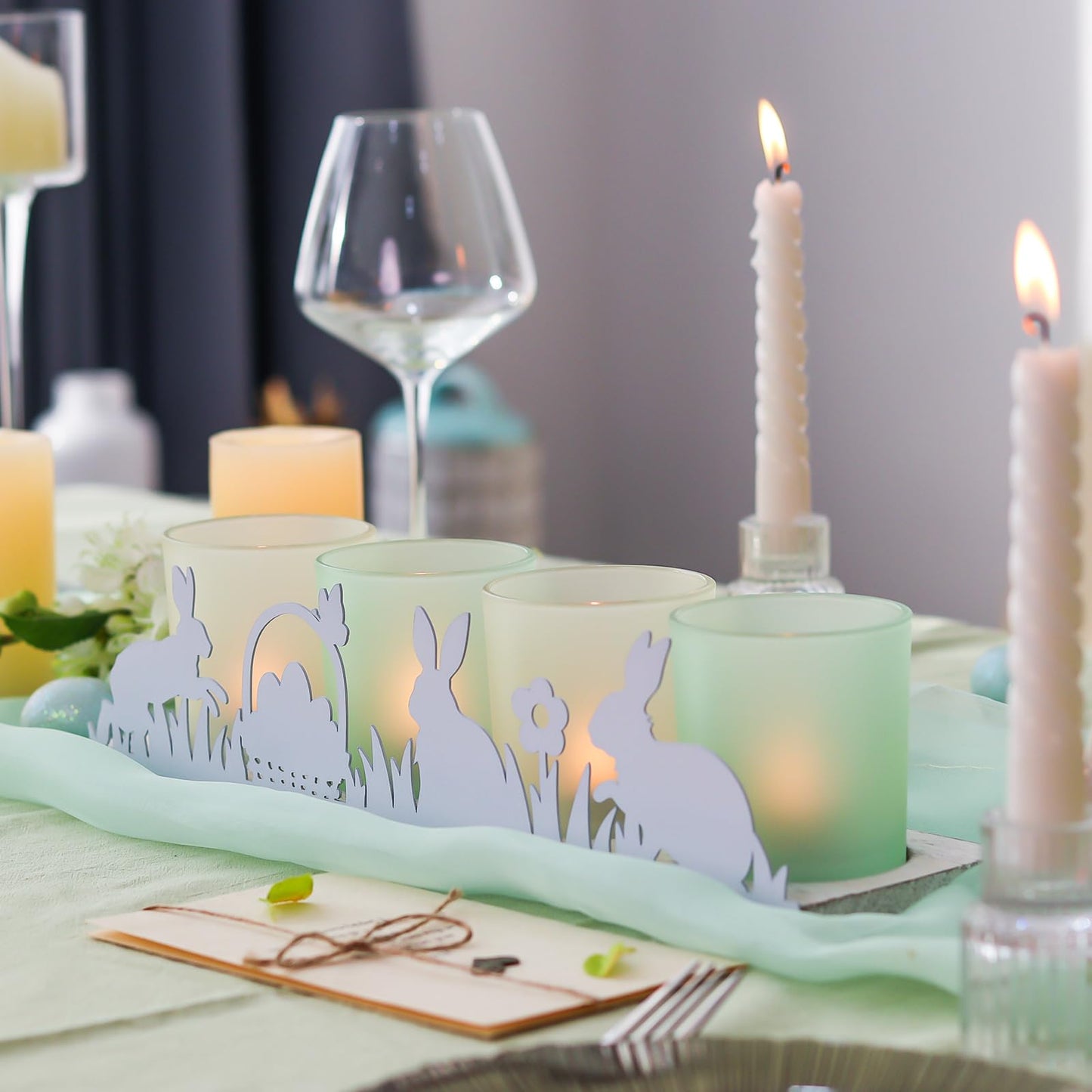 SYFURNIX Spring Votive Candle Holder Set, Includes 4 Glass Candle Holders & 1 Wooden Tray with Metal Bunny Decor for Table Centerpiece Decorations and Indoor Outdoor Home Decor