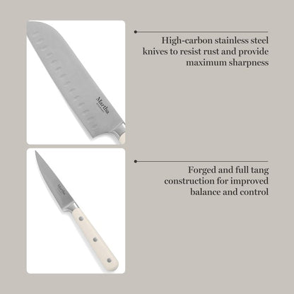 MARTHA STEWART Eastwalk 14 Piece High Carbon Stainless Steel Cutlery Kitchen Knife Block Set w/ABS Triple Riveted Forged Handle Acacia Wood Block - Linen White