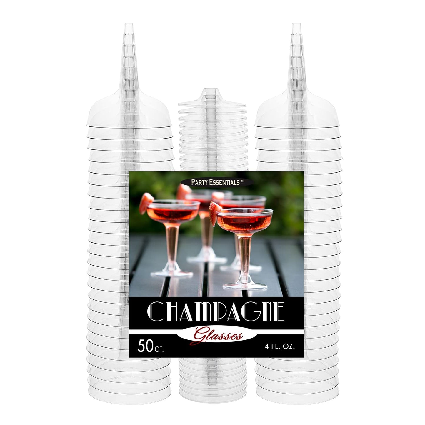 Party Essentials Disposable Hard Plastic Two Piece 4 oz. Toasting Cocktail Cups, 50-Count, Clear Champagne Glasses