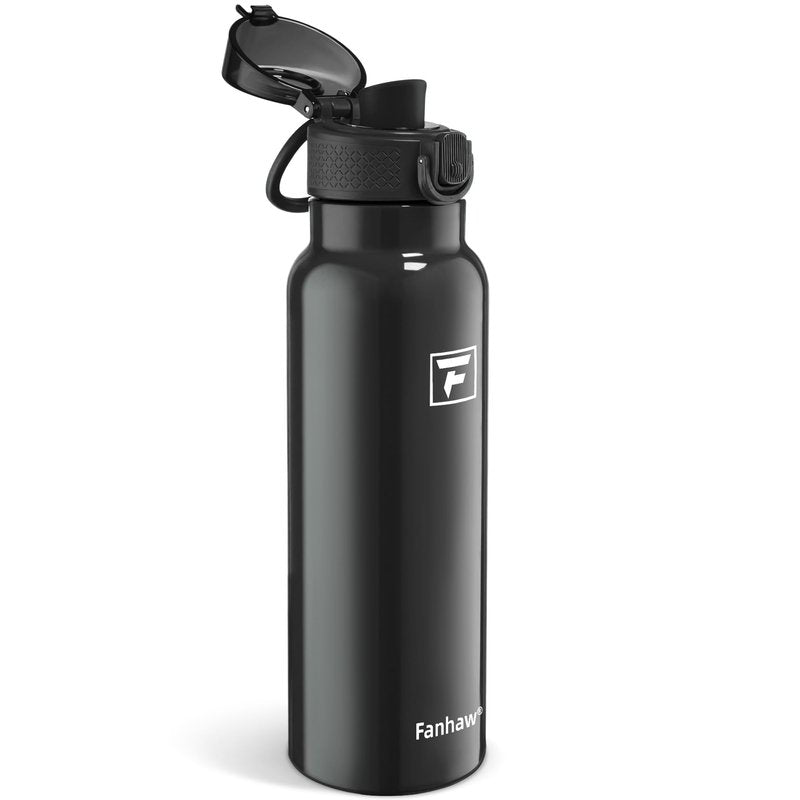 Fanhaw Daylite Series 24 oz Stainless Steel Insulated Water Bottle with Silicone Spout Lid, Double-Wall Vacuum Leakproof Metal Bottle, Anniversary Birthday Gift for Kids, Women & Men (Glossy Black)