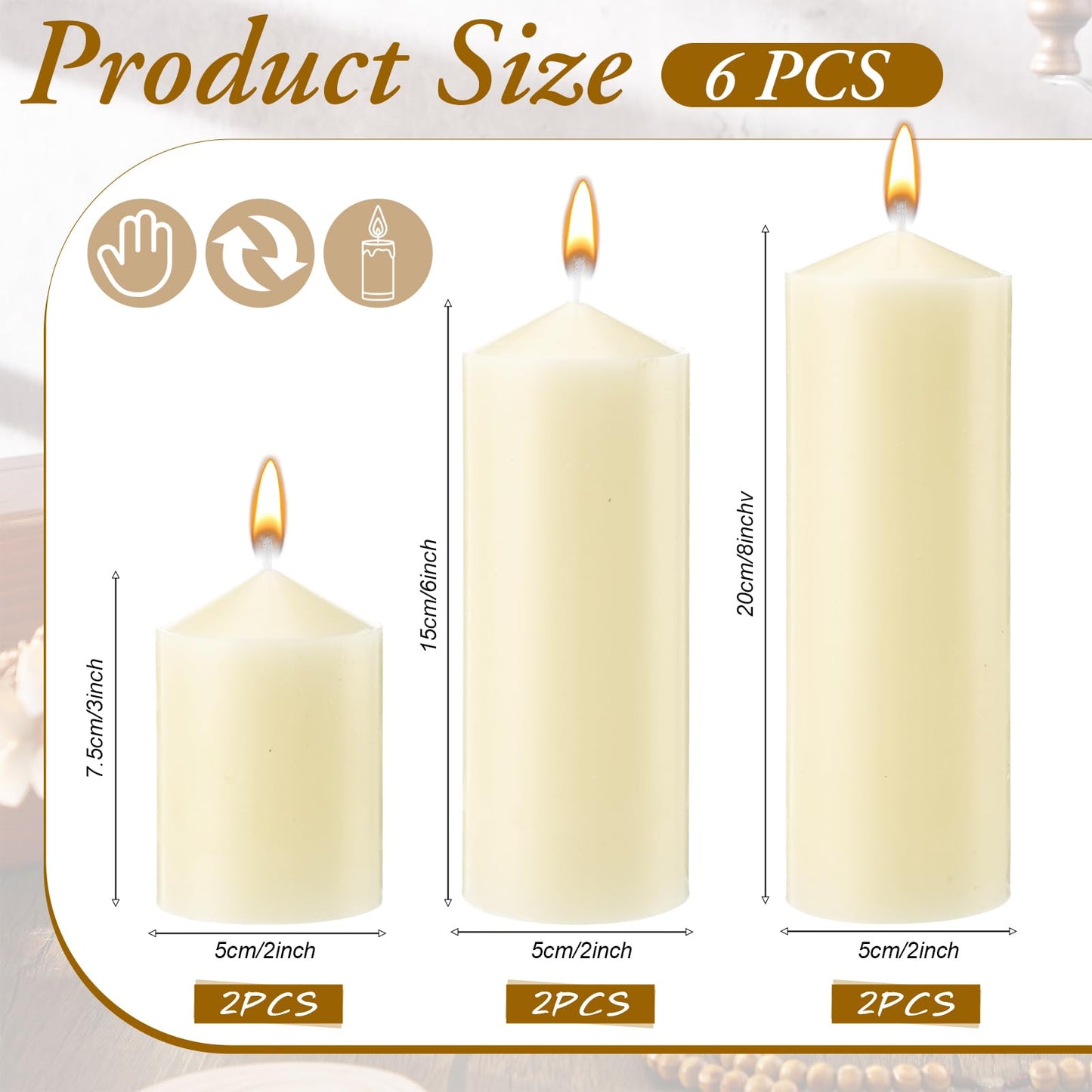 MTLEE 6 Pcs Pillar Candles 3 Set 2 in x 3, 6, 8 Inch Smokeless Dripless Unscented Pillar Candles Long Clean Burning Wax for Wedding Dinner Party Spa Emergency Ceremony Home Decor (Ivory White)