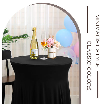 Tegeme 4 Packs Round Spandex Cocktail Tablecloths with Skirt 32 x 43 Inch Cocktail Round Table Cover Spandex Stretch Square Tablecloth Skirt for Table Bar Wedding Party Banquet (Black)