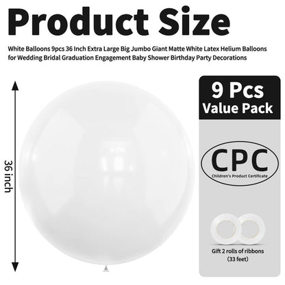 LEEZZIZZ White Giant Balloons 36 Inch, Large Latex Balloons, 9 Pcs Jumbo Balloons Bluk for Kid's Party Wedding Birthday Supply Decorations.