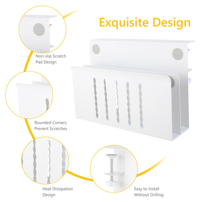 Desk Side Storage Under Desk Laptop Holder, No Drill Hanging Desk Organizer with Pen Holder, Clamp-On Table Side Tray Desktop Organization Mount for Office and Home (White)