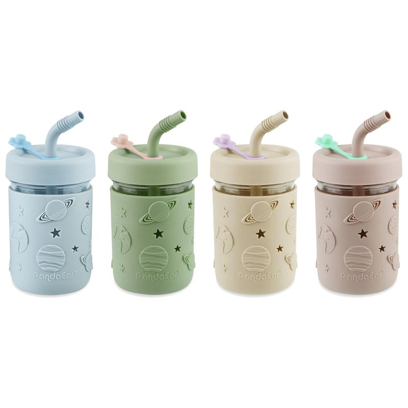 PandaEar 4 Pack Kids & Toddler Glass Cups, Glass Mason Jar Cups 8.45 oz with Silicone Sleeves & Straws, Toddler Spill-Proof Smoothie Cups for Children Ages 3+