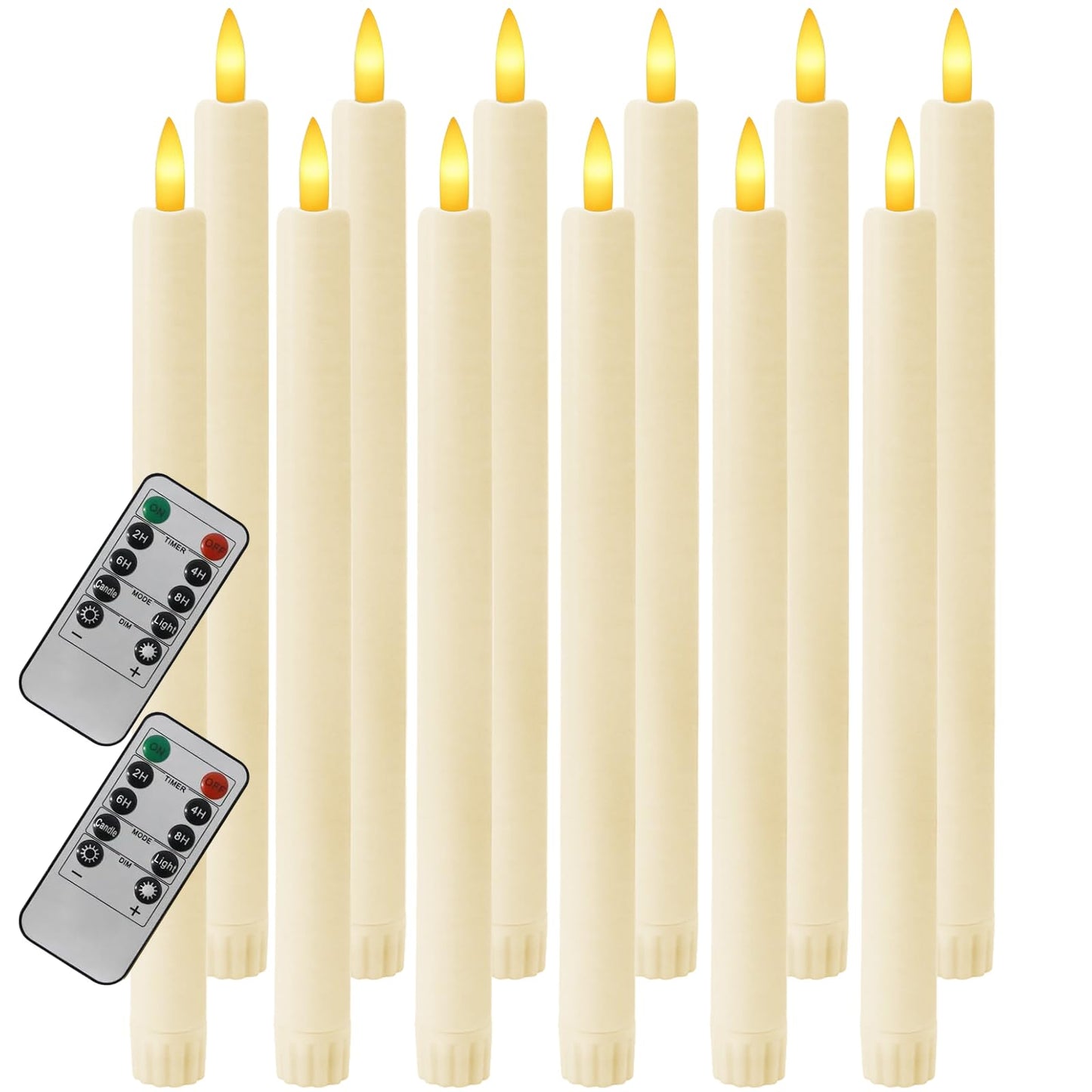 Sunjas 12PCS Flameless Taper Candles with 3D Flickering Flame Battery Operated Candles with 2 Remote with Button Cell Battery 10 Inch Ivory LED Candlesticks Window Candle for Christmas Home Decor