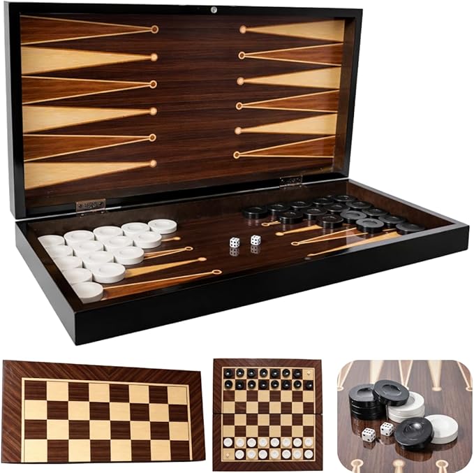 Park&ampOz Walnut Premium Turkish Backgammon and Checkers Set 19 Inch Handmade 2 in 1 Wooden Board Game with Glossy Finish Luxury Checkers and Dice Travel Friendly and Foldable
