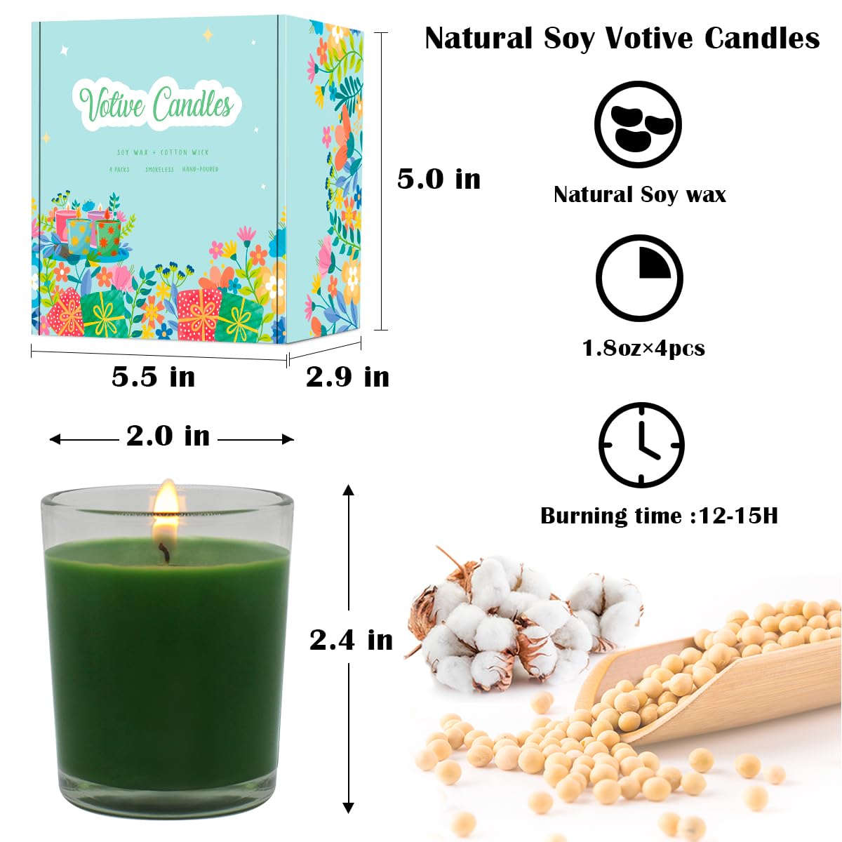 4 Packs Unscented Green Votive Candles in Glass, 2 Inch Natural Soy Wax Scentless Candles for St. Patrick's Day Wedding Party Home Holidays Relaxation Spa, 12-15 Hour Burning Time