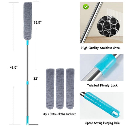 Retractable Gap Dust Cleaner Cleaning Tools with 3 Microfiber Dusting Cloths Long Handle 48.5inches Washable and Retractable Duster Brush for Cleaning Under Appliances Furniture Couch Fridge