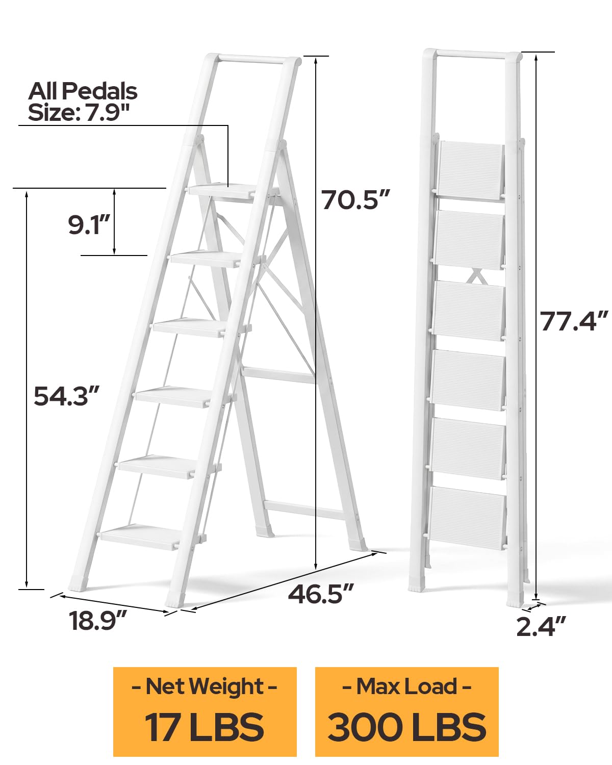 GameGem 6 Step Ladder for 12 Feet High Ceiling, Lightweight Aluminum Folding Step Stool with Convenient Handgrip, Stepladders with Anti-Slip and Wide Pedal for Home Use Space Saving - White