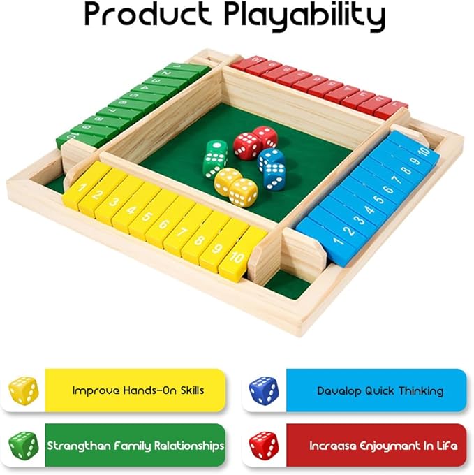 Shut The Box Game: 2-6 Player Wooden Board Math Game with 2-12 Dice | Educational Family Night Entertainment | Classic Pub Style | Funny Family Board Games (Wood-Round 4 Players)