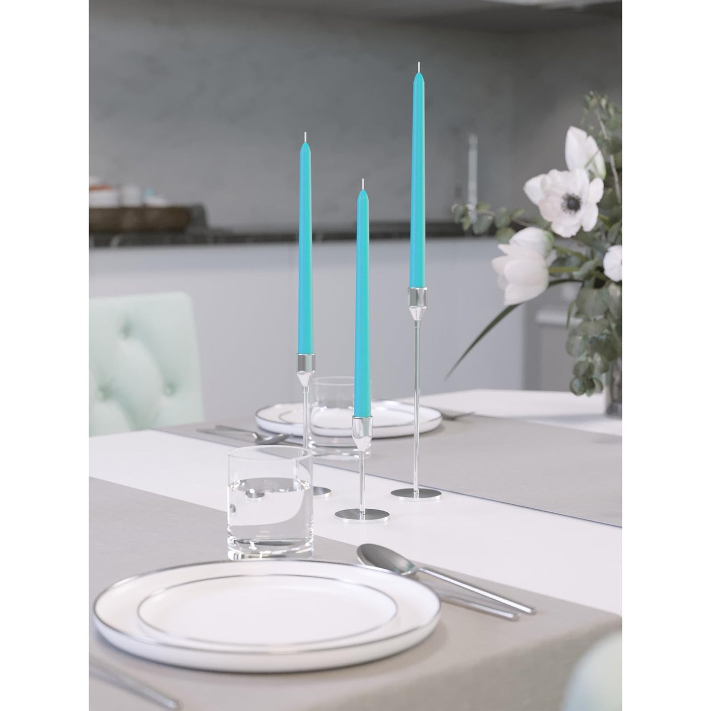 CANDWAX 8 inch Teal Taper Candles Set of 12 - Unscented Smokeless Dripless Tall Candlesticks - Perfect for Holidays, Ordinary Dinners and Special Occasions - Turquoise Taper Candles
