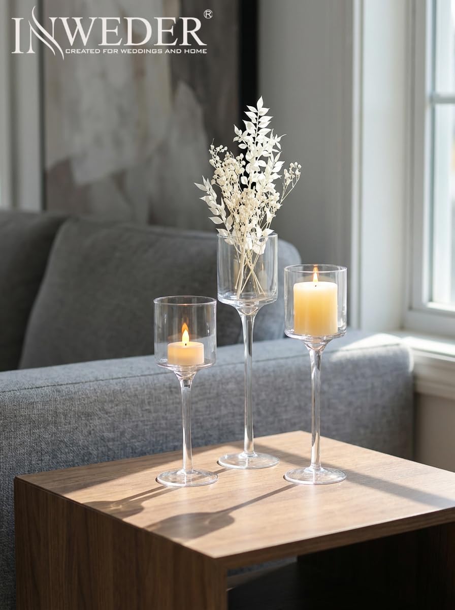 Glass Candle Holder for Table Centerpiece - Tall Tea Lights, Elegant Clear Long Stem for Pillar and Floating Candles - Wedding, Party, Home Decor Set of 30